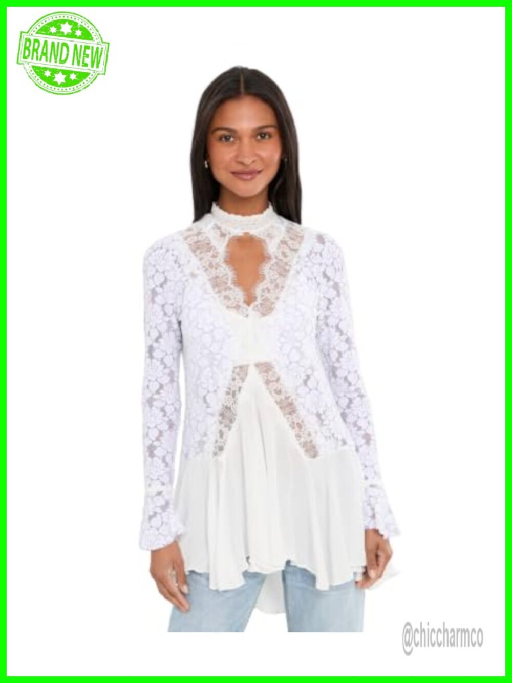 Lace Tunic Top Long Sleeve Mock Neck Drop Waist High Low Hem